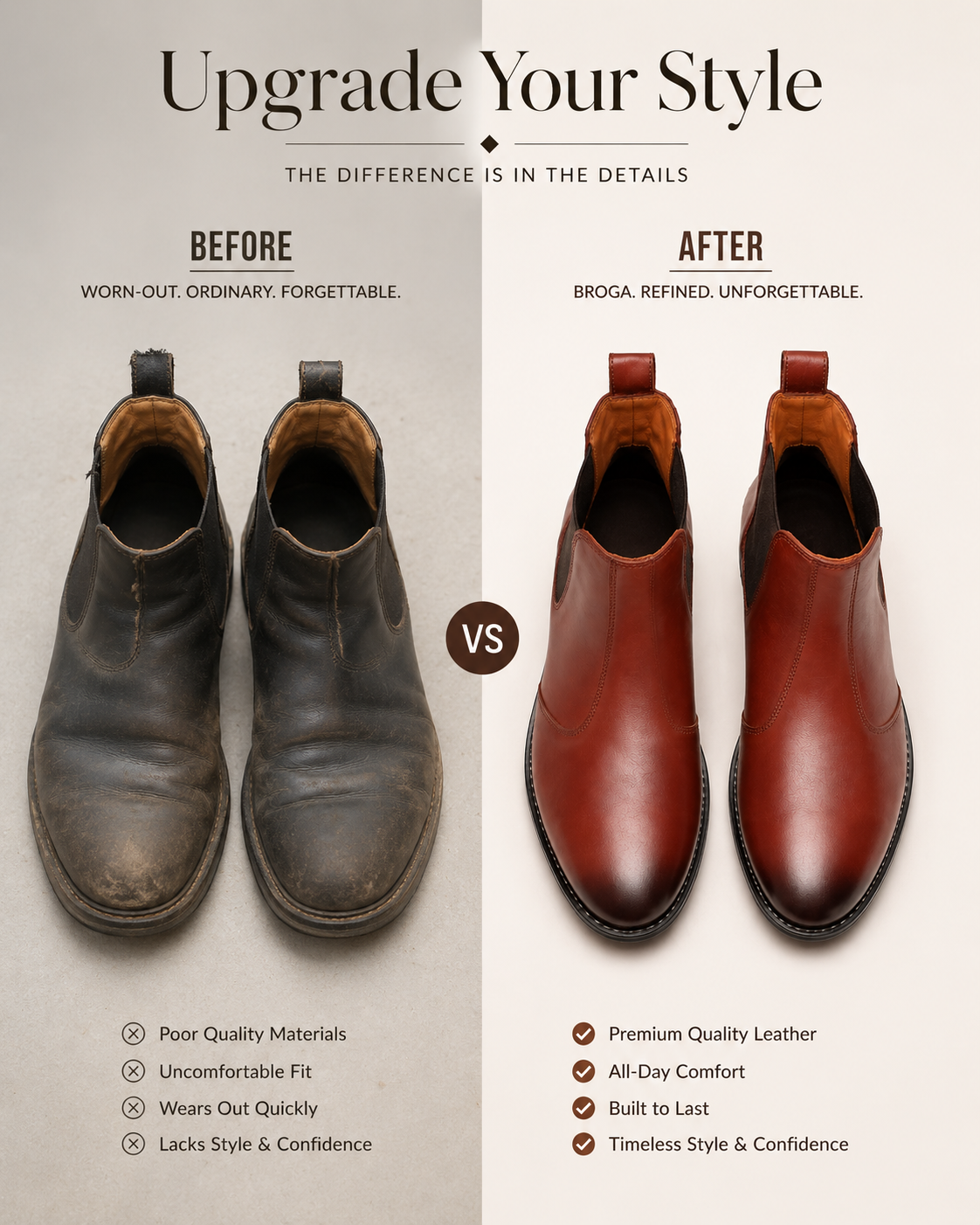Broga Premium Leather Brogue Chelsea Boots – Dark Brown