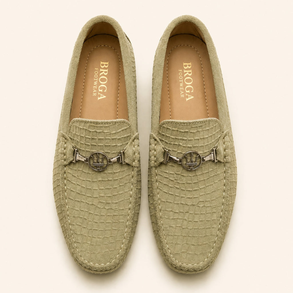 Premium Olive Green Suede Leather Moccasin Shoes for Men – Durable PU Rubber Sole