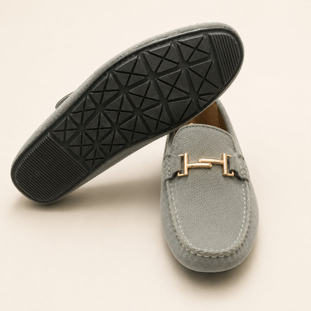 Premium Grey Suede Leather Moccasin Shoes for Men – Durable PU Rubber Sole