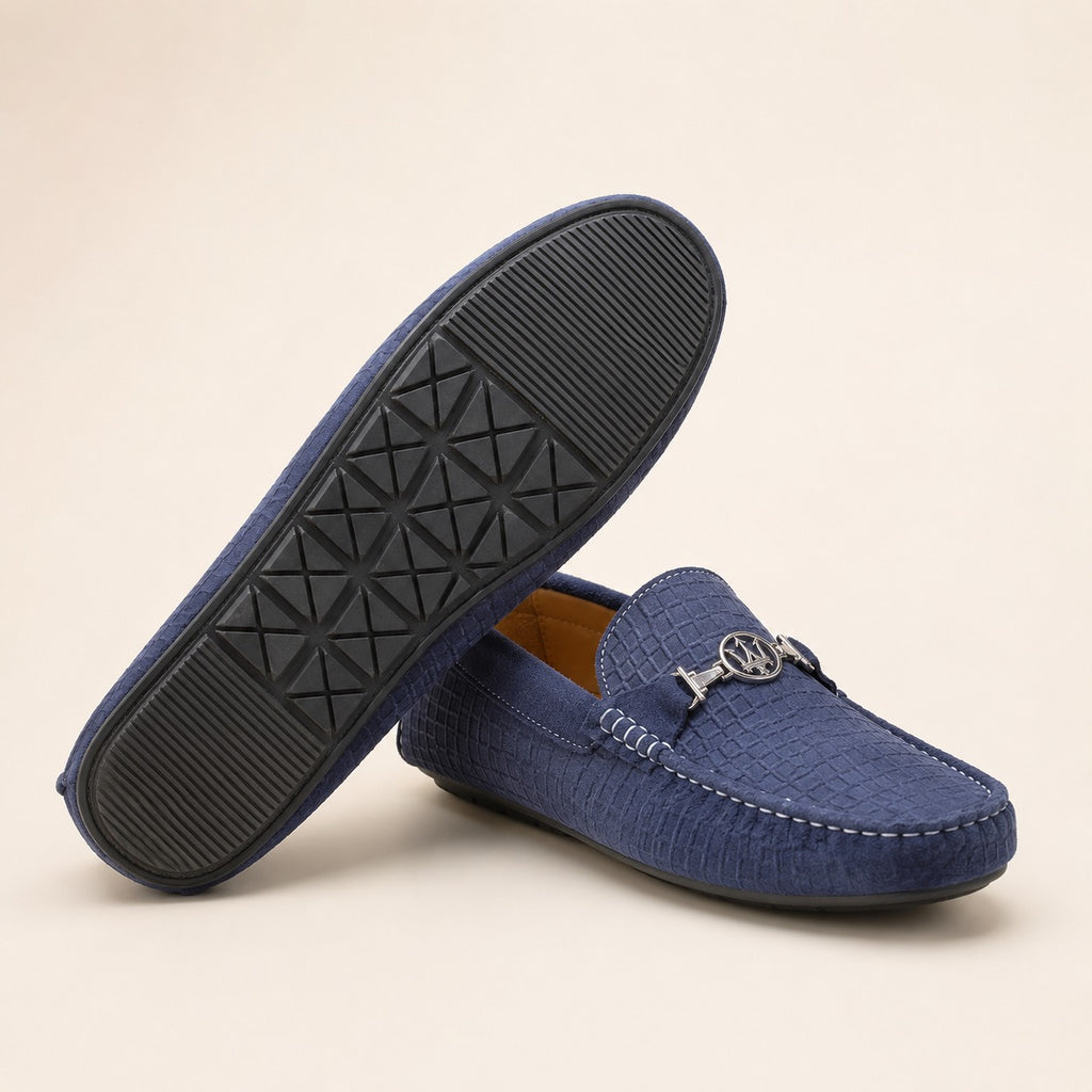 Premium Navy Blue Suede Crocodile Embossed Moccasin Shoes for Men – Durable PU Rubber Sole