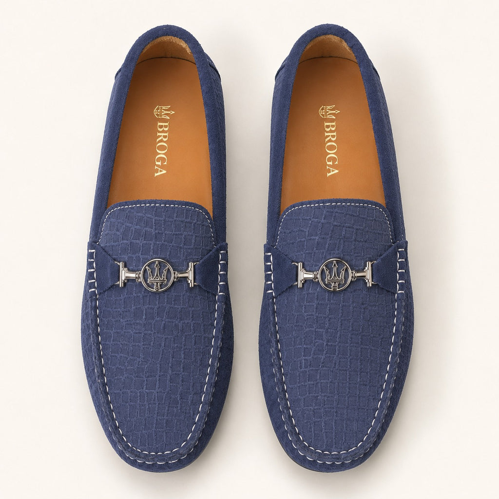 Premium Navy Blue Suede Crocodile Embossed Moccasin Shoes for Men – Durable PU Rubber Sole