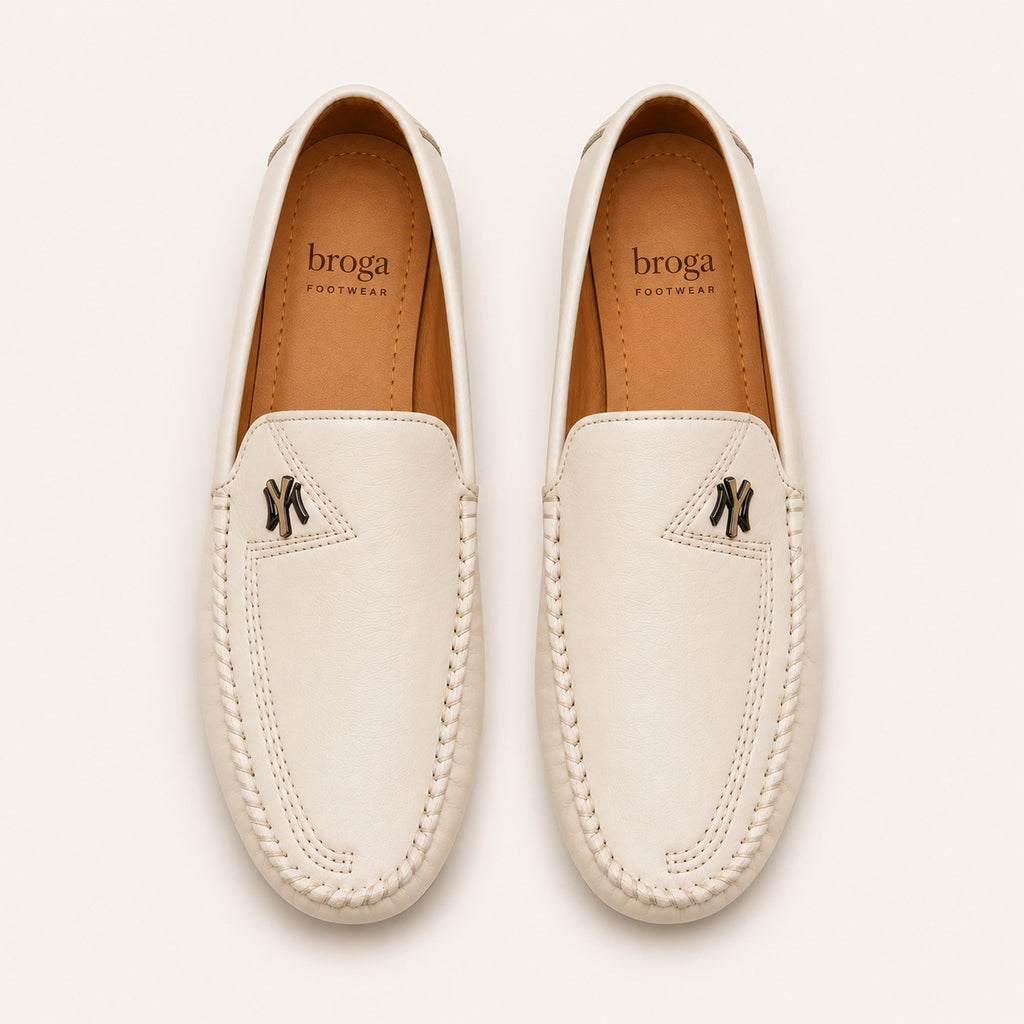 Premium Quality White Moccasin Shoes for Men | Polishable Synthetic Leather Loafers
