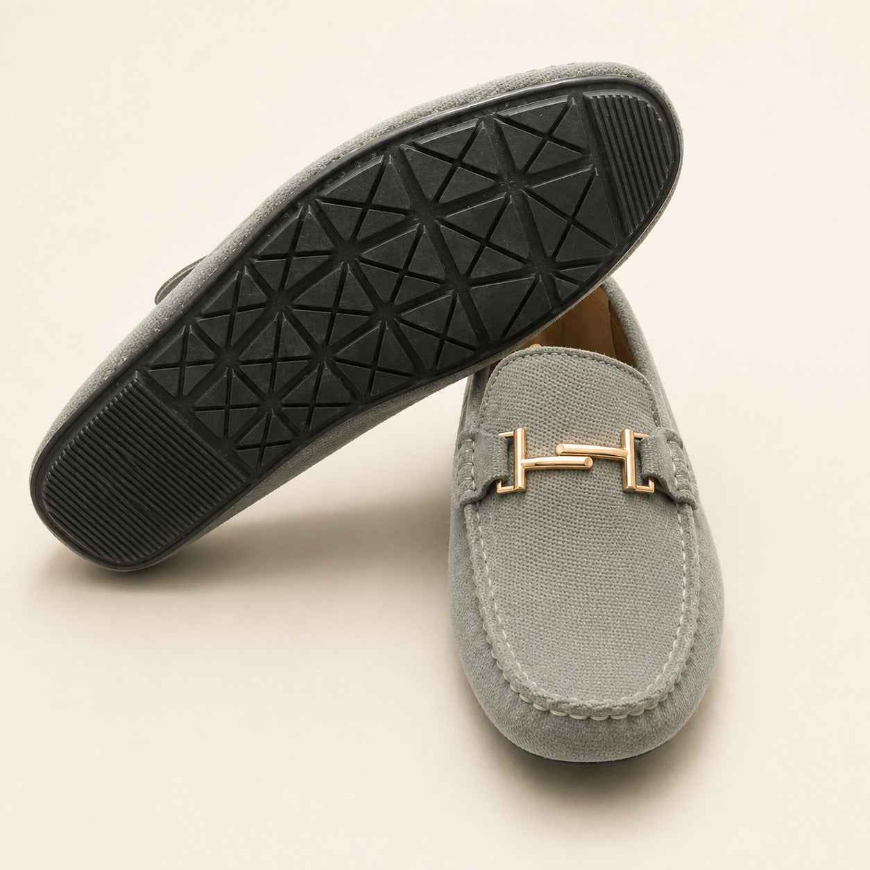 Premium Grey Suede Leather Moccasin Shoes for Men – Durable PU Rubber Sole