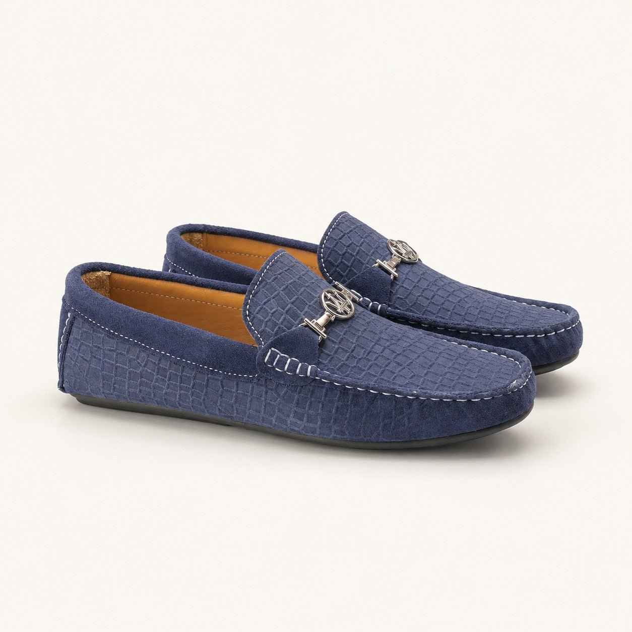 Premium Navy Blue Suede Crocodile Embossed Moccasin Shoes for Men – Durable PU Rubber Sole