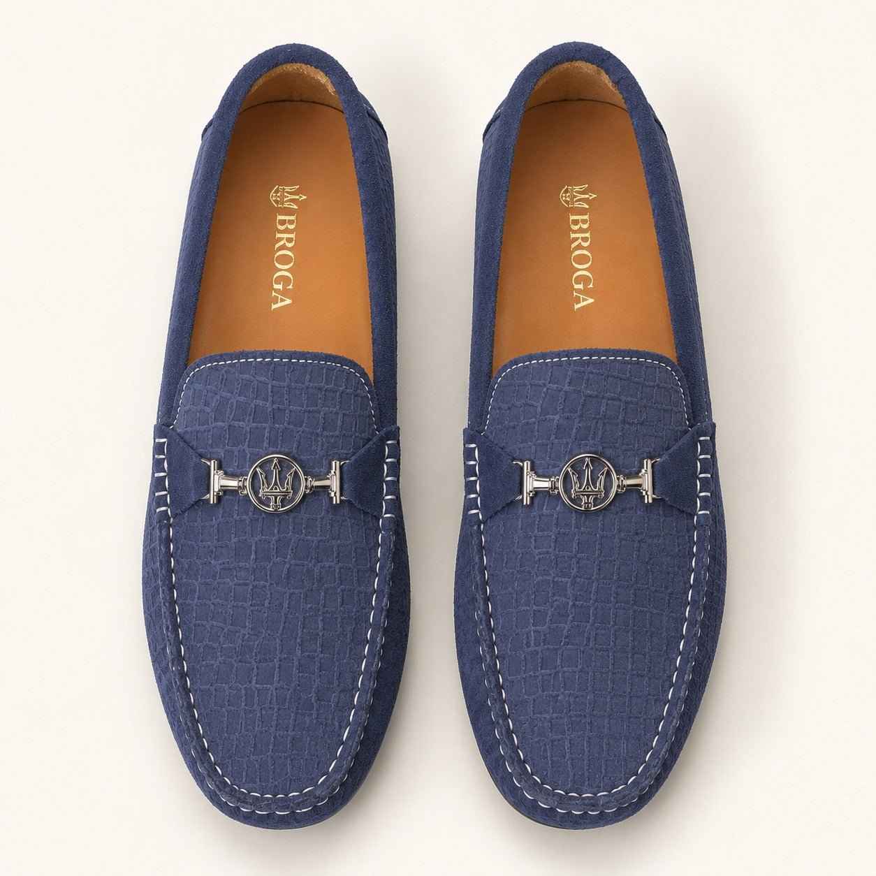 Premium Navy Blue Suede Crocodile Embossed Moccasin Shoes for Men – Durable PU Rubber Sole