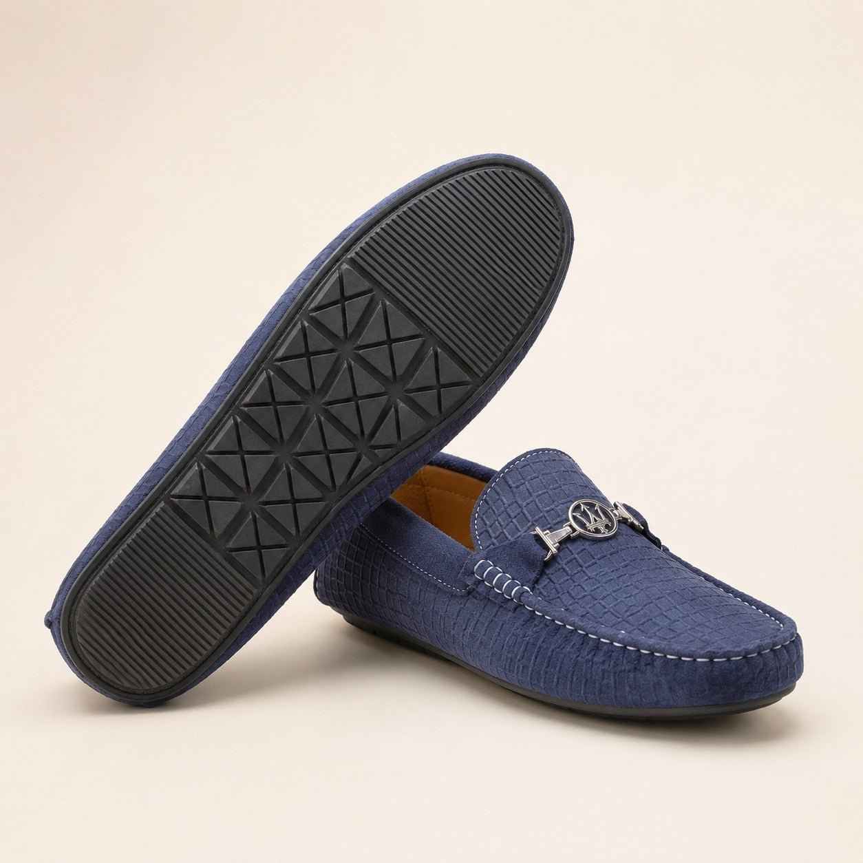 Premium Navy Blue Suede Crocodile Embossed Moccasin Shoes for Men – Durable PU Rubber Sole