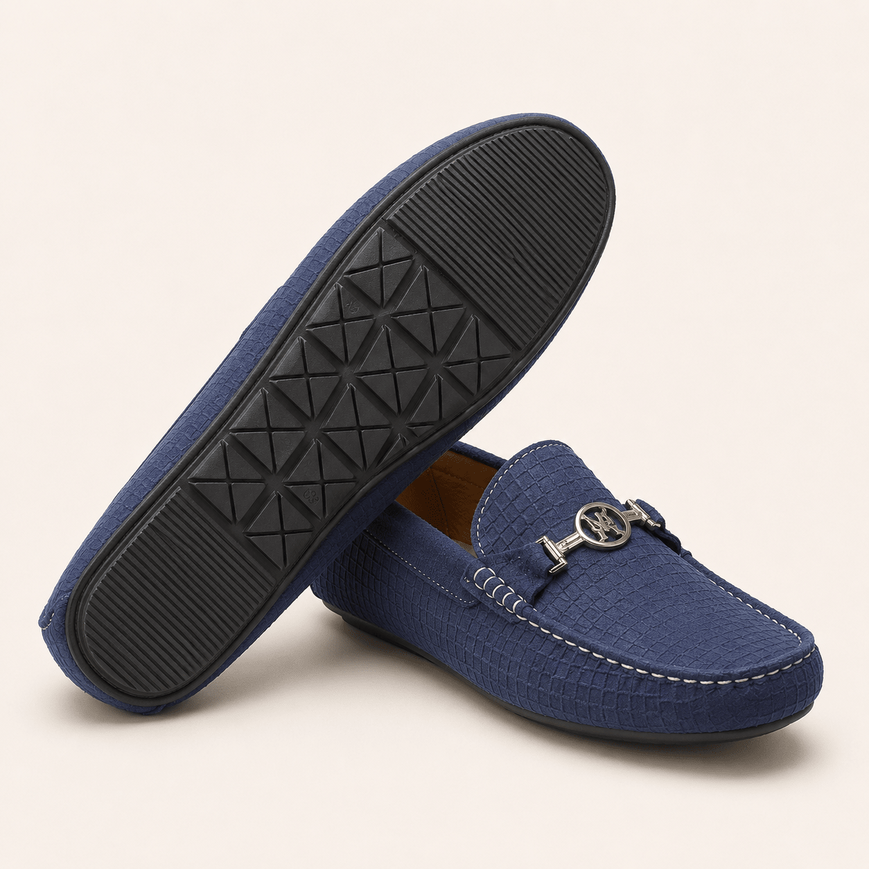 Premium Navy Blue Suede Mattress Textured Moccasin Shoes for Men - My Store